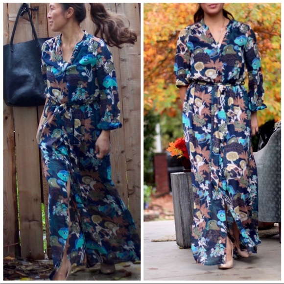 H&M CONSCIOUS Navy Blue & Green Boho Floral Button Down Chiffon Maxi Dress 2 - Picture 7 of 13